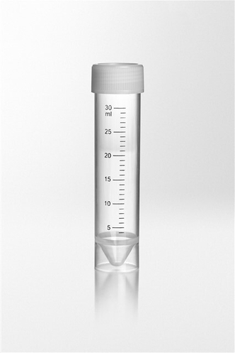 Nerbe Plus Test tube PP with enclosed screw cap PE, 30ml, Ø25x107 mm, conical bottom, skirted, tube transparent (500 pcs)
