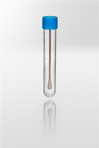 Test tube PP with fitted screw cap PE, 12ml, Ø16x100 mm, with wooden applicator with cotton ti tube transparent, cap blue, graduated, sterile R
