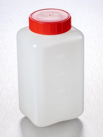 Corning® Gosselin™ Square HDPE Bottle, 1 L, Graduated, 58 mm Red Cap with Seal, Assembled, 90/Case