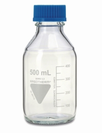 Laboratory bottle 500 ml with blue cap and ring, boro 3.3, GL 45 (1)