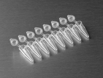 Axygen® 0.2 mL Polypropylene PCR Tube Strips and attached Flat Cap Strips, 8 Tubes/Strip, 8 Flat Caps/Strip, Clear, Nonsterile